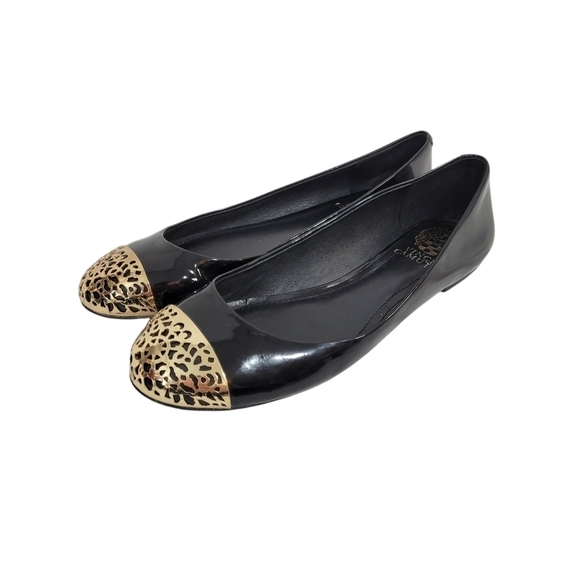 Vince Camuto "Oneda" Black Leather Gold Foiled Ballet Flats 7.5B - Picture 1 of 8
